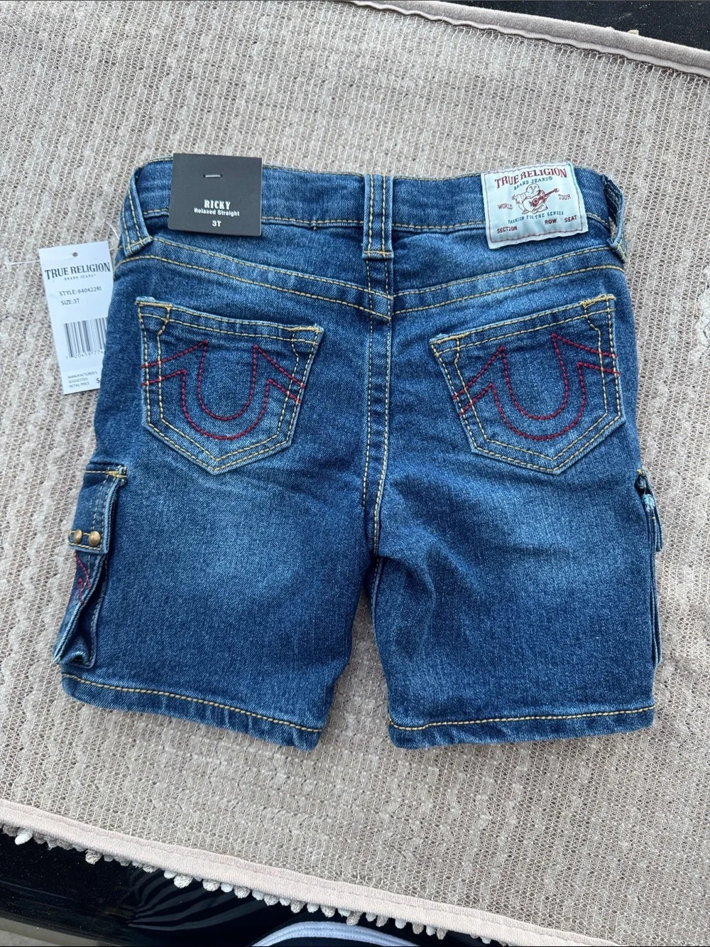 True Religion Blue Denim Cargo Shorts with Brass Studs